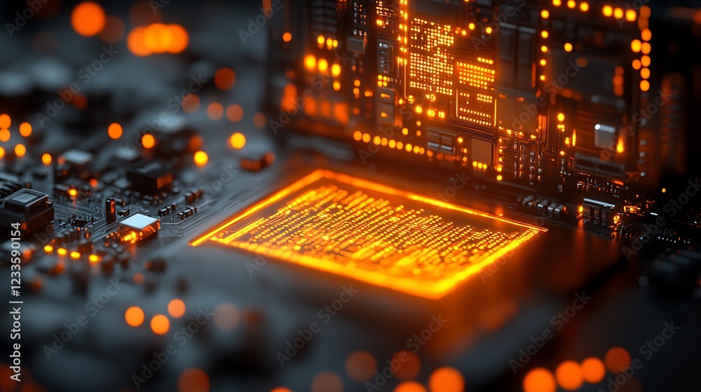 Poster Advanced Motherboard Design with Glowing Circuit Patterns and Bright Orange Illuminations : Generative AI