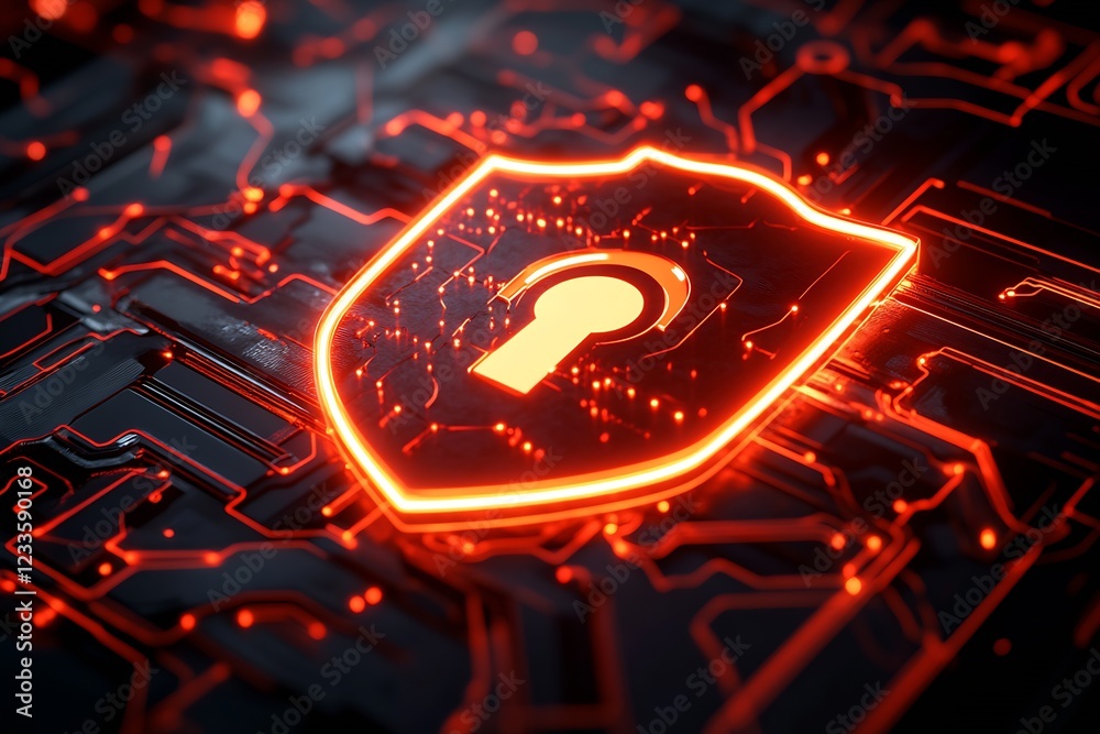 Aufkleber Futuristic Cybersecurity Shield with Keyhole in Glowing Red Circuitry Background : Generative AI