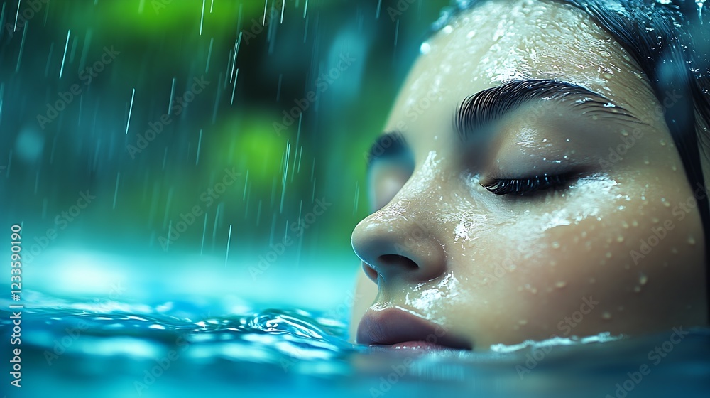 Poster tranquil woman submerged in refreshing pool with gentle raindrops cascading over her serene face : g