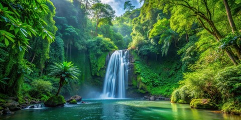 Dense foliage and towering trees surround a serene waterfall in the heart of a lush jungle, park, forest,  park, forest
