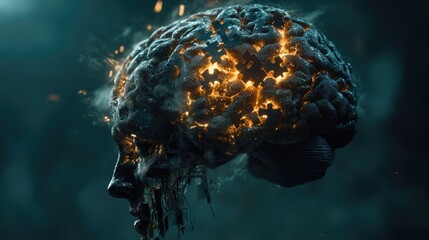 Burning brain, skull, abstract, dark background, mental health concept