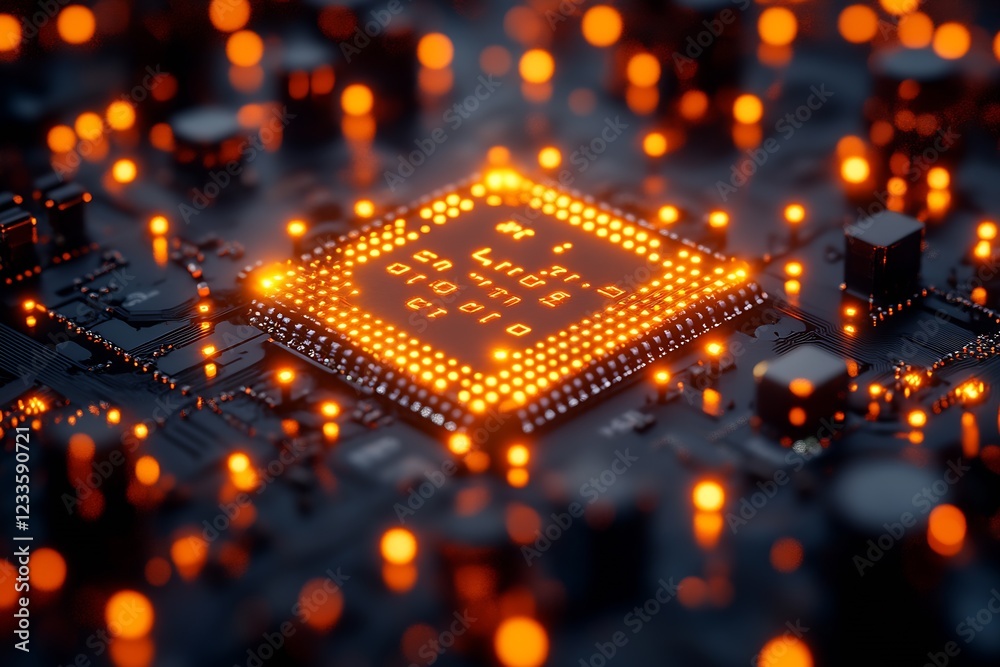 Poster Advanced Microchip Circuit Board Detail with Bright LED Illumination Technology Focus : Generative AI