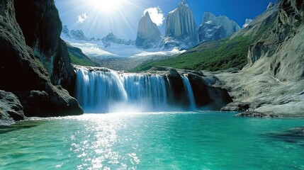 Majestic waterfall cascading into turquoise pool, mountains backdrop, serene nature scene, desktop wallpaper