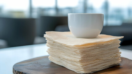 White cup on stacked bread, modern office, city view