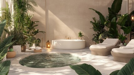 A luxurious home spa setting with tropical plants surrounding a soaking tub.
