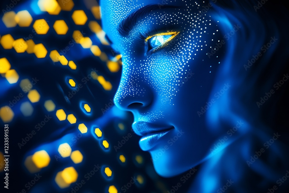Poster artistic digital portrait with neon yellow and blue light patterns : generative ai