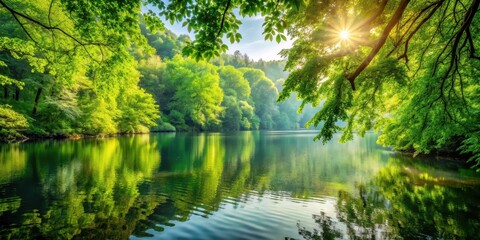 Fototapeta premium Warm sunlight streams through leafy forest foliage onto still lake surface reflecting vibrant green hues and creating a sense of depth and dimensionality , nature's beauty, calm