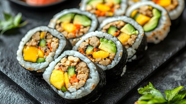 Probiotic Sustainable Protein Consumption, Overhead View of Tempeh Sushi Rolls with Avocado and Mango - Unique Fusion Japanese Cuisine