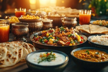Fototapeta premium Indian Cuisine Spread: Chicken Tikka, Paneer Makhani, and Naan