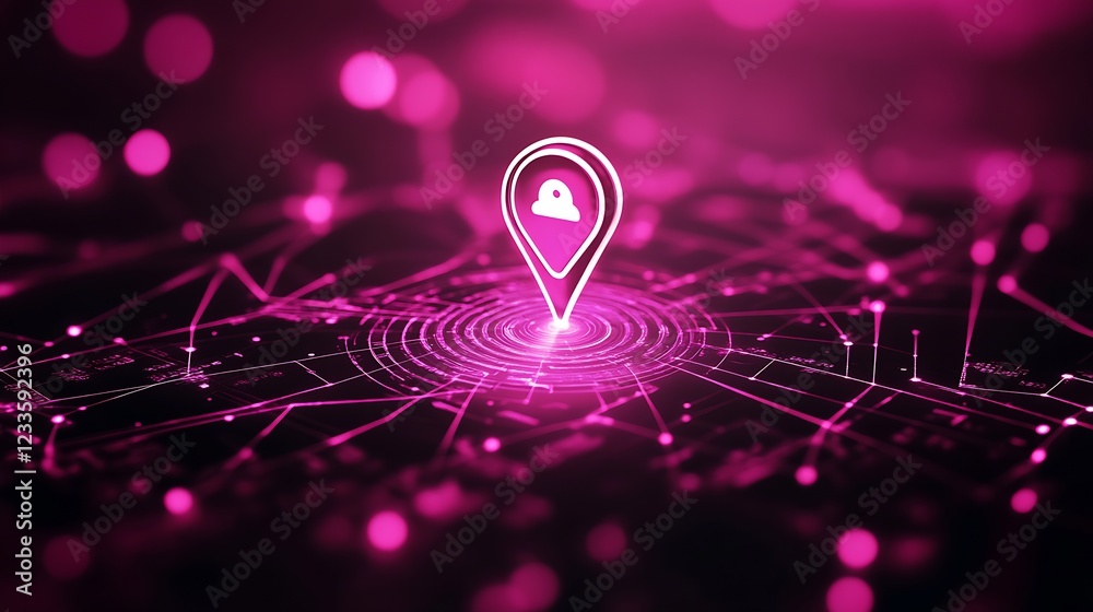 Poster Cybersecurity GPS Network with Locked Pink Location Icon Protecting Data : Generative AI