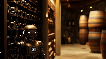 Household service humanoid robot maintaining a sophisticated wine cellar in a luxurious basement, wine enthusiast home environment with distant view of wine racks and aging barrels
