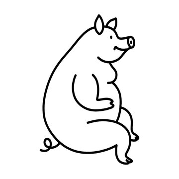 recommend clip art: 丸々と太っただらしない体型の豚のキャラクターの手描き線画イラスト　透過背景の切り抜き
                    