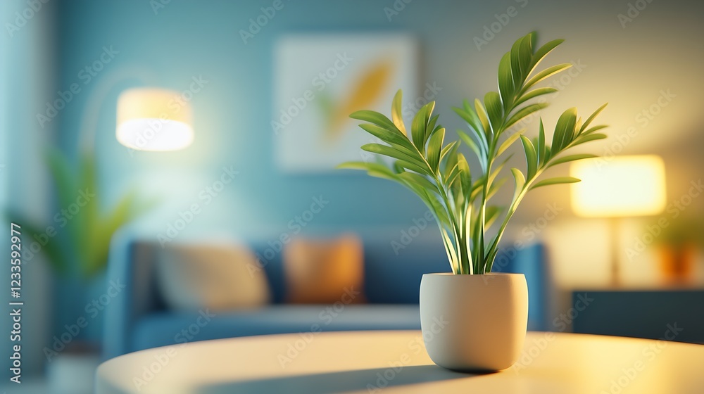 Poster Cozy Home Interior with Green Foliage and Soft Lamp Light Creating a Relaxing Ambience : Generative AI