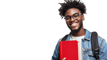 a black male student wearing glasses and a backpack holding a red book in his hands, smiling at the camera PNG image, PNG file, Generative art.