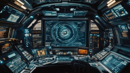 A sci-fi-inspired workspace with augmented reality tools adjusting poster elements.