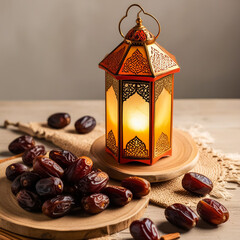 Muslim lantern with dried dates on table