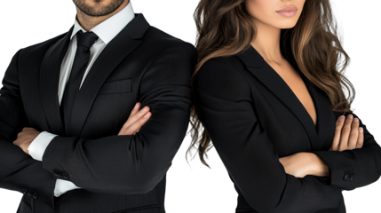 a beautiful young woman wearing a black suit standing with her arms crossed next to a man in a business suit PNG image, PNG file, Generative art.