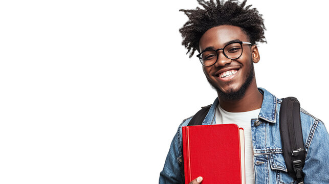 a black male student wearing glasses and a backpack holding a red book in his hands, smiling at the camera PNG image, PNG file, Generative art.