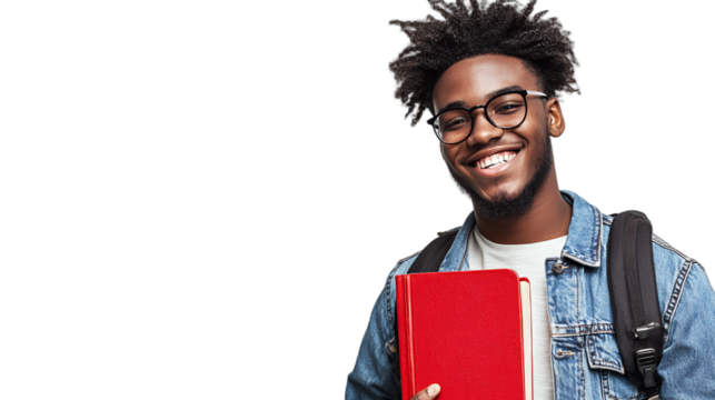 a black male student wearing glasses and a backpack holding a red book in his hands, smiling at the camera PNG image, PNG file, Generative art.