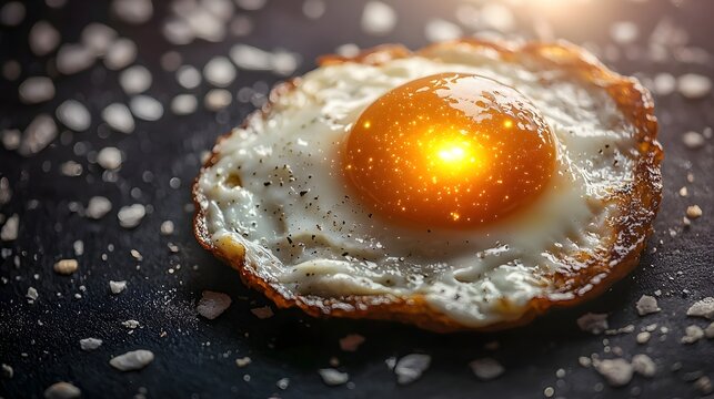 Morning Protein Recipe, Floating Cosmic Fried Egg with Glowing Yolk Planet in Surreal Space Backdrop
