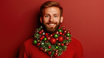 Smiling man, Christmas ornaments, red background, festive mood, holiday card