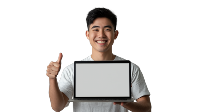 a young man smiling and showing thumbs up sign, holding a white tablet with blank screen in his hands on transparent background, photo PNG image, PNG file, Generative art.