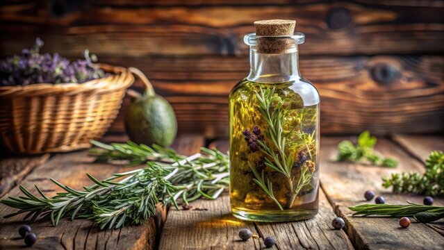 Handmade oil infused with dried herbs like thyme rosemary sage and lavender in a glass bottle on wooden table