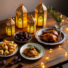 Muslim lantern with dried dates on table