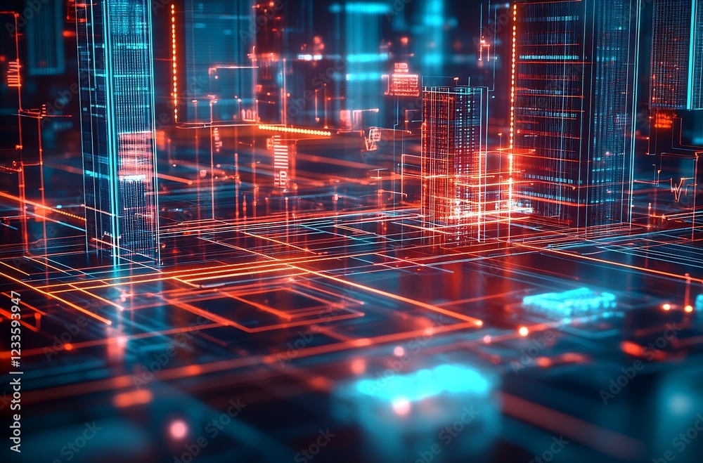 Aufkleber Neon Futuristic City Network with Complex Digital Grid Algorithm Design : Generative AI