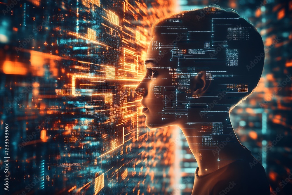 Poster Digital Woman Engaged with Futuristic Data Stream and Network Interface : Generative AI