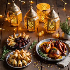 Muslim lantern with dried dates on table