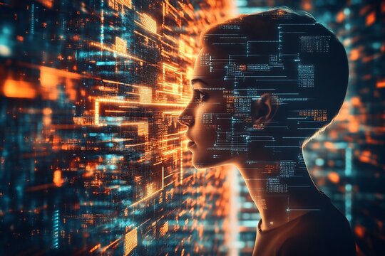 Digital Woman Engaged with Futuristic Data Stream and Network Interface : Generative AI - Powered by Adobe