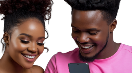 a young man and woman looking at a cellphone smiling at each other PNG image, PNG file, Generative art.