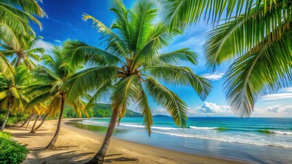 Obraz premium Palm trees swaying gently in the ocean breeze against a backdrop of turquoise water and lush greenery on Beautiful Uvita Beach in Costa Rica , beautiful beaches, uvita beach