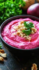 Beetroot dip with walnuts, parsley, close-up. Food photography for recipe blogs