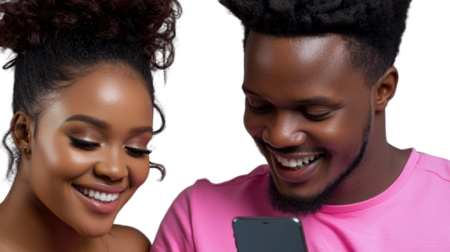 a young man and woman looking at a cellphone smiling at each other PNG image, PNG file, Generative art.