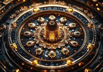 Obraz premium Intricate golden ornamental design with jewels on a dark patterned background