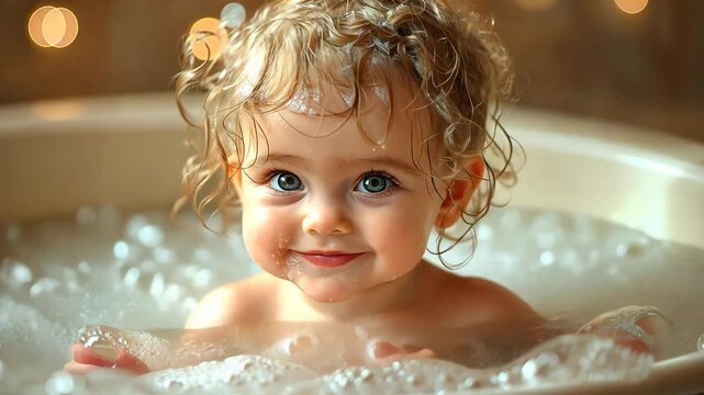 Happy baby bath time, cute Caucasian boy in tub with soap bubble, joyful funny baby	
