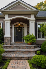 Elegant Home Exterior with Stone Steps and Landscaping.  A stunning architectural design featuring a charming front entrance and beautiful landscaping.