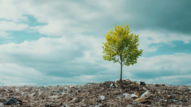solitary tree stands resilient among litter and debris, symbolizing hope and renewal in polluted landscape. contrast between nature and waste evokes powerful emotional response