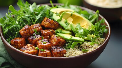 Probiotic Sustainable Protein Consumption, Healthy Buddha Bowl with Tempeh, Quinoa, Avocado, and Greens for Balanced Nutrition