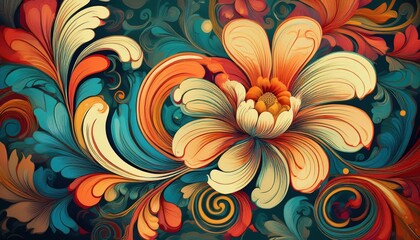 Vibrant Swirly Floral Retro Wallpaper in a Dreamy Pastel Palette, Transporting Viewers to a Whimsical s Decor with a Modern Twist, Perfect for Home Interiors and Art Lovers Seeking a