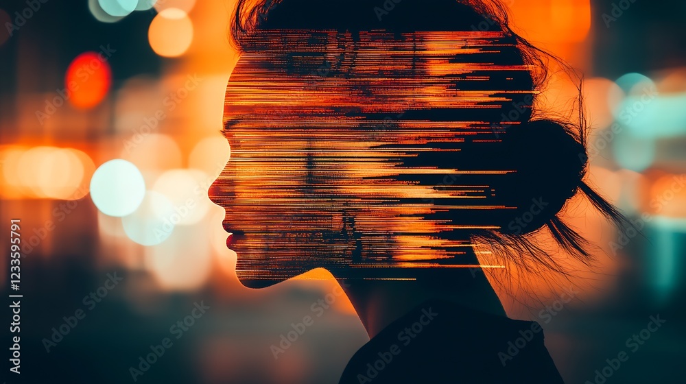 Poster Dynamic Urban Silhouette with Light Pattern and Bokeh Effects : Generative AI