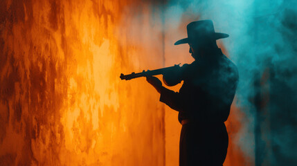 A silhouetted figure in a hat points a rifle, framed by vibrant orange and teal smoke, evoking a dramatic, cinematic atmosphere.