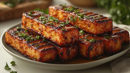 Grilled tofu slices garnished with herbs on a plate, showcasing vibrant colors and textures