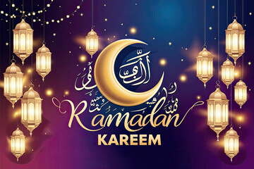 A stunning Ramadan Kareem banner, greeting card with a crescent moon, lantern gradient background, vector illustration, Ramadan Kareem Background, wallpaper, social media post, poster design