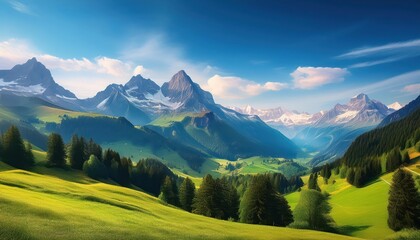 Majestic Swiss Alps Bathed in Golden Light Breathtaking Scenery of Vibrant Meadows and Forest Valleys, an Enchanting Winter Landscape in the Heart of Switzerland