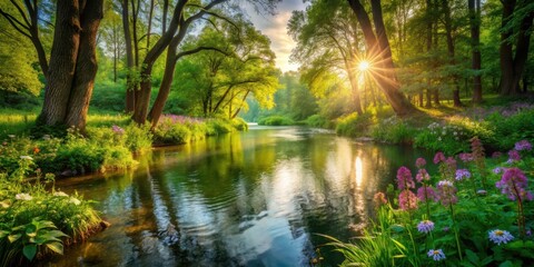Obraz premium Serene water flow amidst lush greenery, surrounded by tall trees and vibrant wildflowers