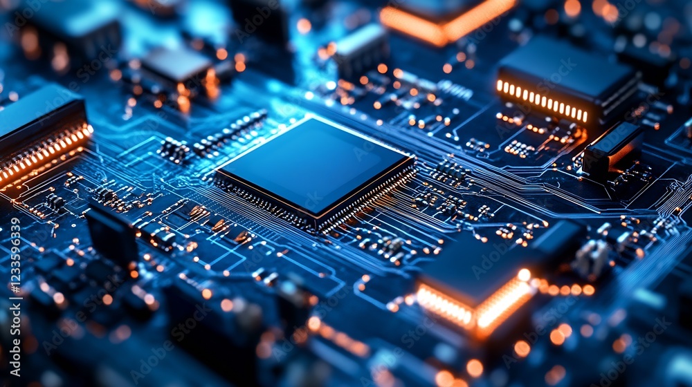 Fototapete detailed view of a modern microchip on a blue circuit board background : generative ai