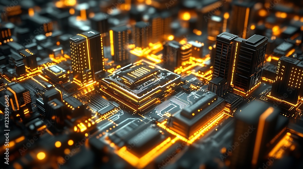 Poster futuristic digital cityscape with glowing circuitry in orange and black : generative ai